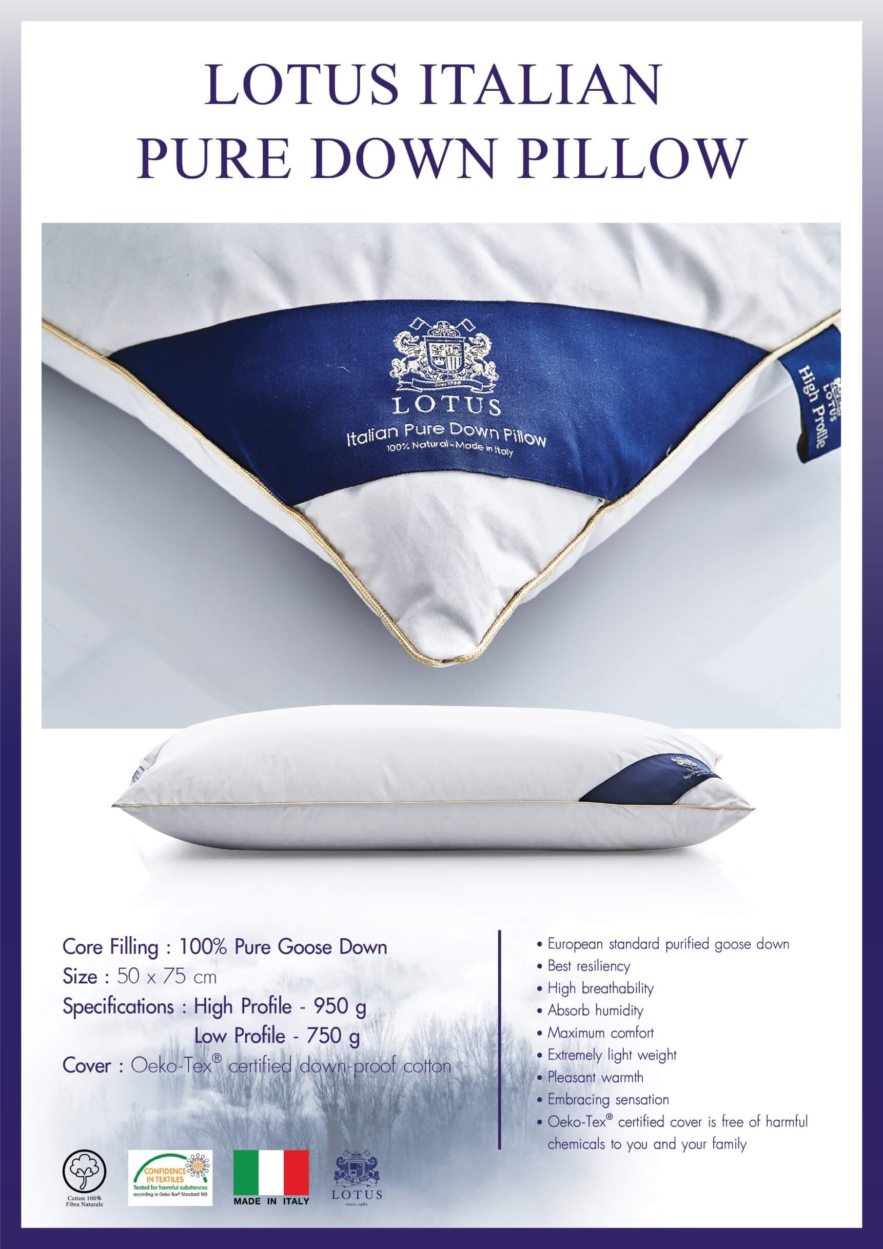 หมอนหนุน Lotus Italian Pure Down (ขนาด : 50 x 75 ซม.)